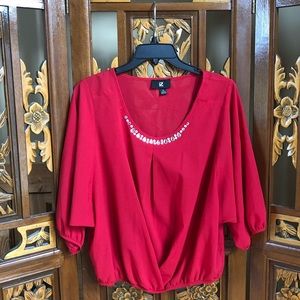 Iz Byer Rhinestone Pearl Neckline Batwing Blouse